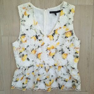 WHBM Women's White Lemon Print Lace Overlay V-neck Peplum Sleeveless Top Size 12